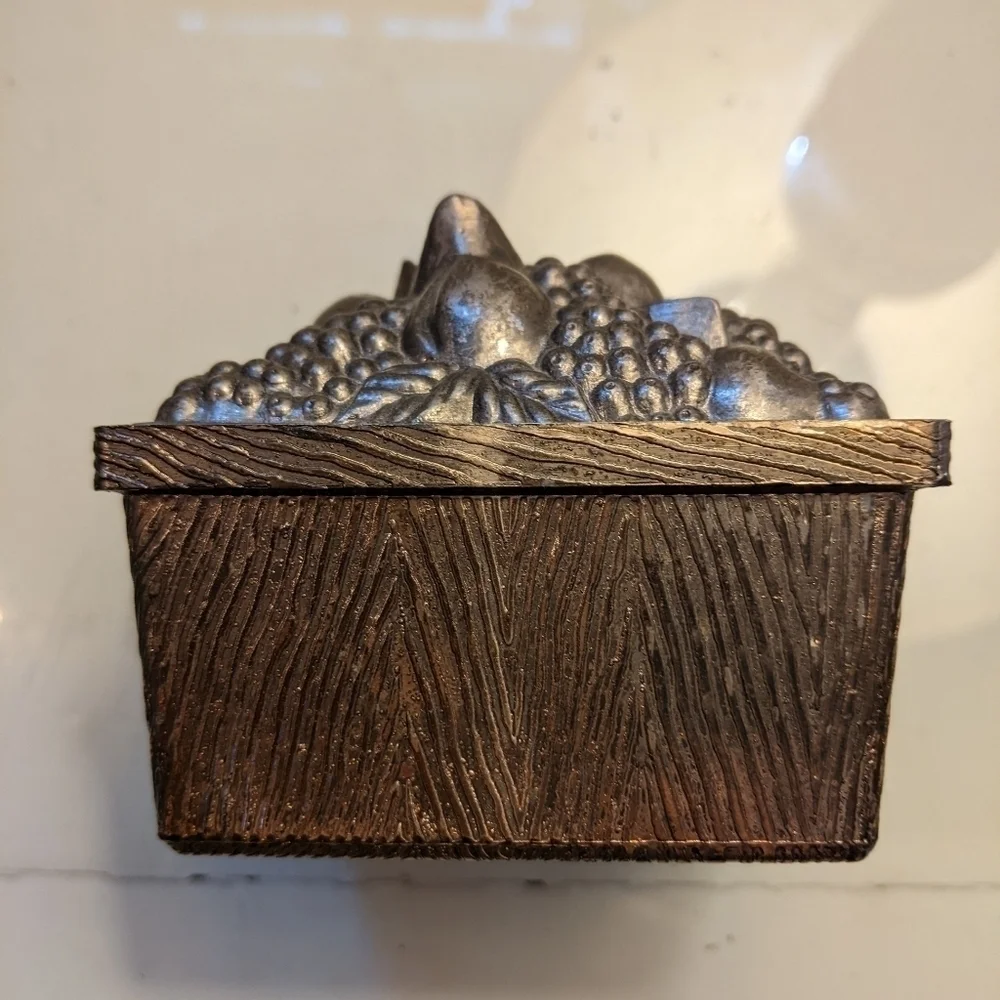 Vintage Decorative Metal Trinket Box with Fruit Basket Design Made in Japan